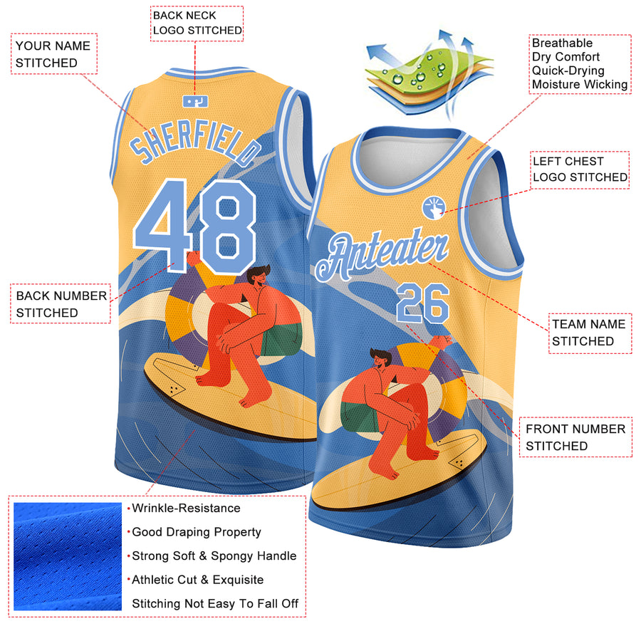 Custom Gold Light Blue-White 3D Pattern Summer Beach Surfing Authentic Basketball Jersey