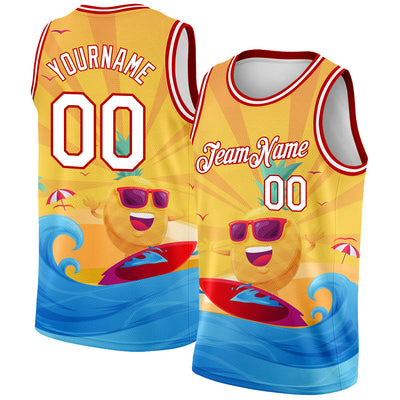 Custom Gold White-Red 3D Pattern Summer Beach Surfing Authentic Basketball Jersey