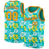 Custom Aqua Gold-Purple 3D Pattern Hawaii Flowers Authentic Basketball Jersey