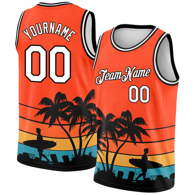 Custom Orange White-Black 3D Pattern Hawaii Beach Palm Trees Authentic Basketball Jersey