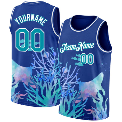 FANSIDEA Custom Basketball Jersey Royal Aqua White 3D Pattern Design Ocean World Authentic Men s Size XL