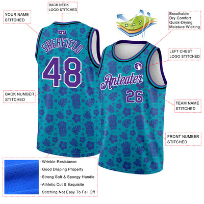 Custom Teal Purple-White 3D Pattern Hawaii Palm Trees Authentic Basketball Jersey