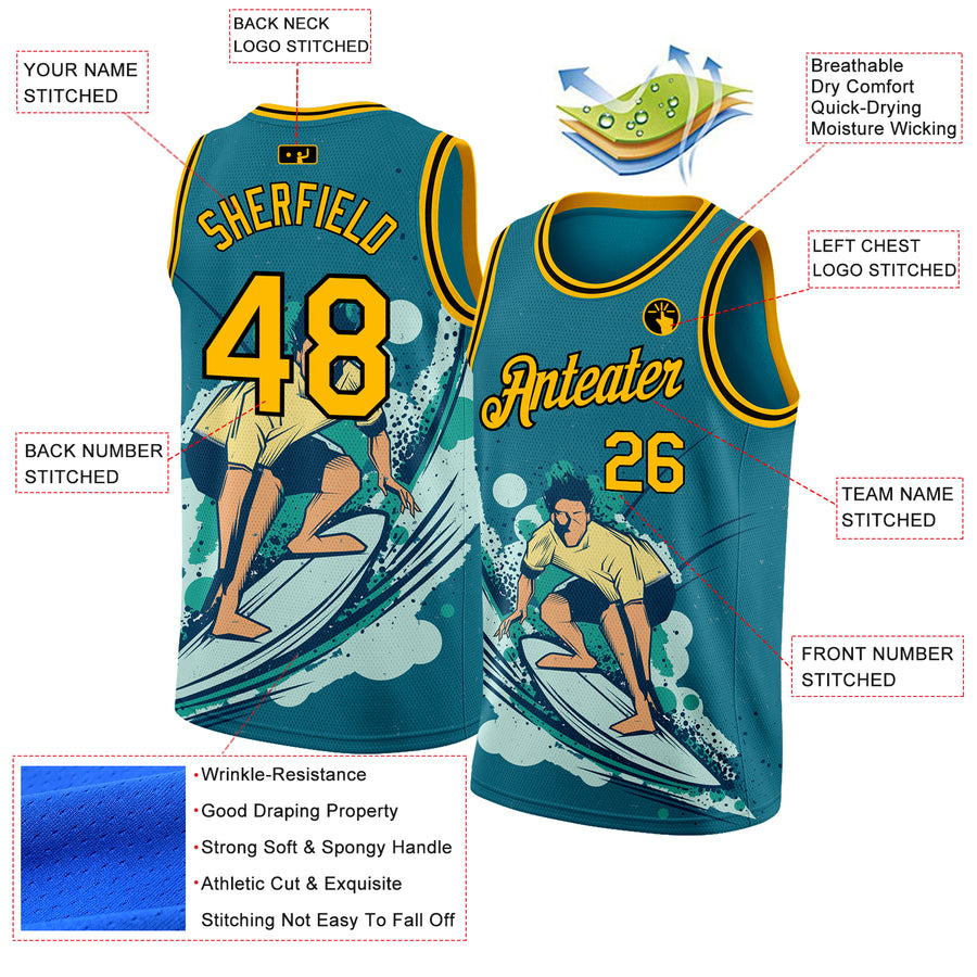 Custom Teal Gold-Black 3D Pattern Beach Surfing Authentic Basketball Jersey