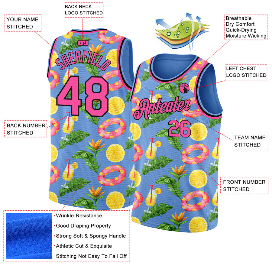 Custom Light Blue Pink-Black 3D Pattern Summer Hawaii Beach Holiday Authentic Basketball Jersey