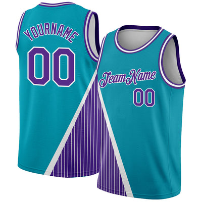 Custom Teal Purple-White Triangle Pinstripes Authentic City Edition Basketball Jersey