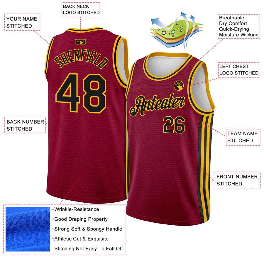 Custom Maroon Black-Gold Side Stripes Authentic City Edition Basketball Jersey