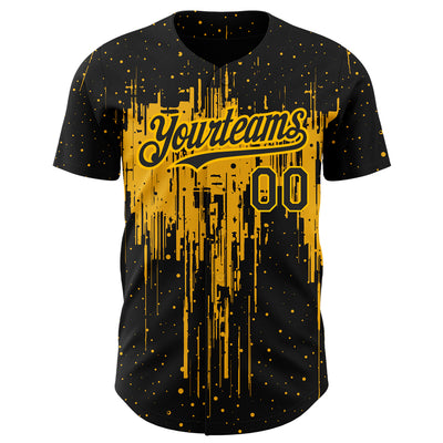 Custom Black Gold 3D Pattern Design Dripping Splatter Art Authentic Baseball Jersey