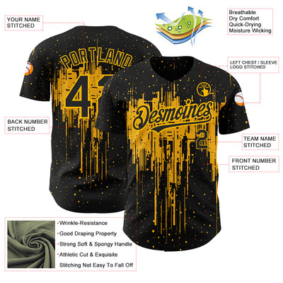 Custom Black Gold 3D Pattern Design Dripping Splatter Art Authentic Baseball Jersey