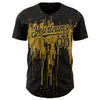 Custom Black Old Gold 3D Pattern Design Dripping Splatter Art Authentic Baseball Jersey