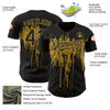 Custom Black Old Gold 3D Pattern Design Dripping Splatter Art Authentic Baseball Jersey