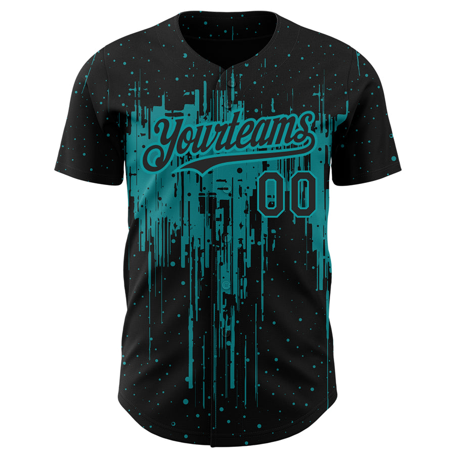 Custom Black Teal 3D Pattern Design Dripping Splatter Art Authentic Baseball Jersey