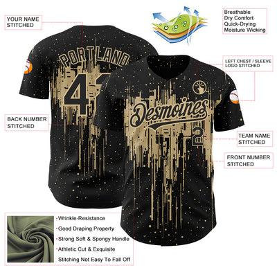 Custom Black Vegas Gold 3D Pattern Design Dripping Splatter Art Authentic Baseball Jersey