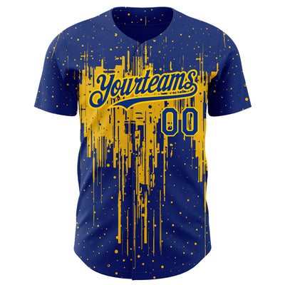 Custom Royal Yellow 3D Pattern Design Dripping Splatter Art Authentic Baseball Jersey