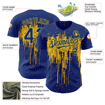 Custom Royal Yellow 3D Pattern Design Dripping Splatter Art Authentic Baseball Jersey