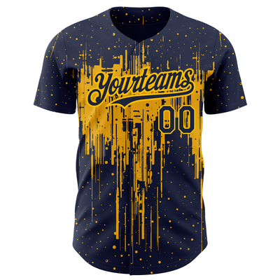 Custom Navy Gold 3D Pattern Design Dripping Splatter Art Authentic Baseball Jersey