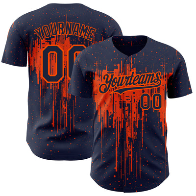 Custom Navy Orange 3D Pattern Design Dripping Splatter Art Authentic Baseball Jersey