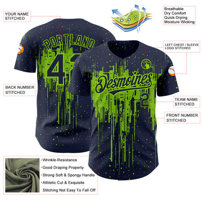 Custom Navy Neon Green 3D Pattern Design Dripping Splatter Art Authentic Baseball Jersey