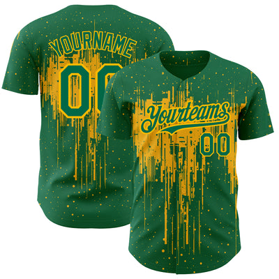 Custom Kelly Green Gold 3D Pattern Design Dripping Splatter Art Authentic Baseball Jersey