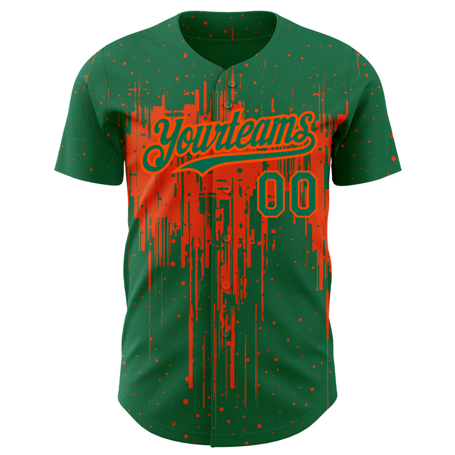 Custom Kelly Green Orange 3D Pattern Design Dripping Splatter Art Authentic Baseball Jersey