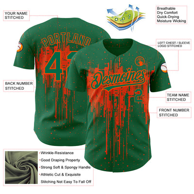 Custom Kelly Green Orange 3D Pattern Design Dripping Splatter Art Authentic Baseball Jersey