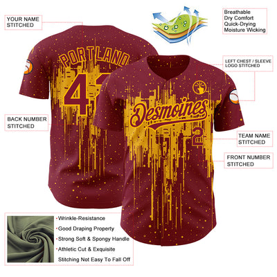 Custom Crimson Gold 3D Pattern Design Dripping Splatter Art Authentic Baseball Jersey