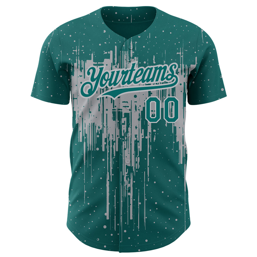 Custom Teal Gray 3D Pattern Design Dripping Splatter Art Authentic Baseball Jersey