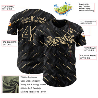 Custom Black Vegas Gold 3D Pattern Design Slant Lines Authentic Baseball Jersey