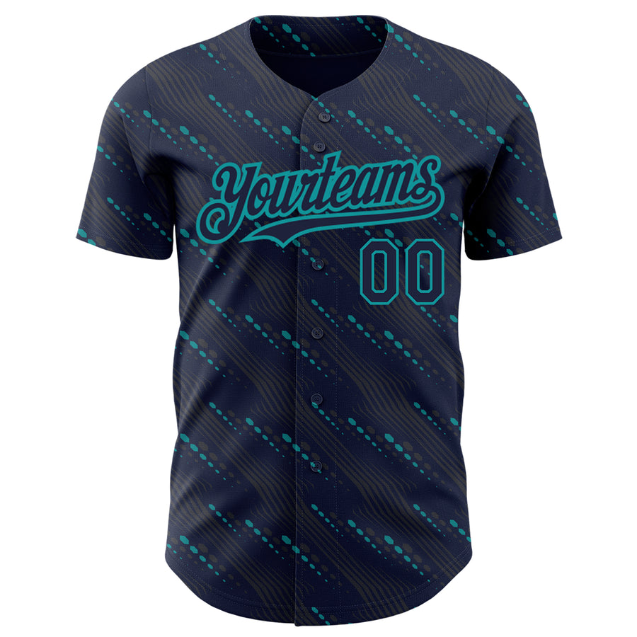 Custom Navy Teal 3D Pattern Design Slant Lines Authentic Baseball Jersey