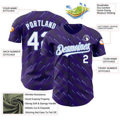 Custom Purple White-Light Blue 3D Pattern Design Slant Lines Authentic Baseball Jersey