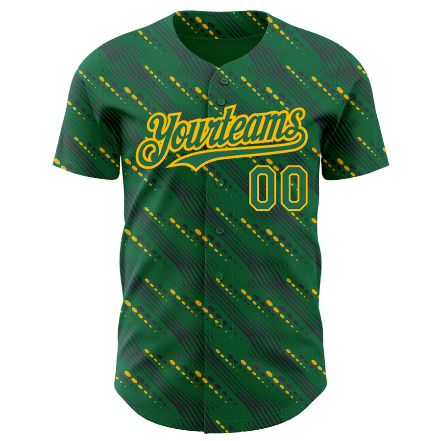 Custom Kelly Green-Gold 3D Pattern Design Slant Lines Authentic Baseball Jersey