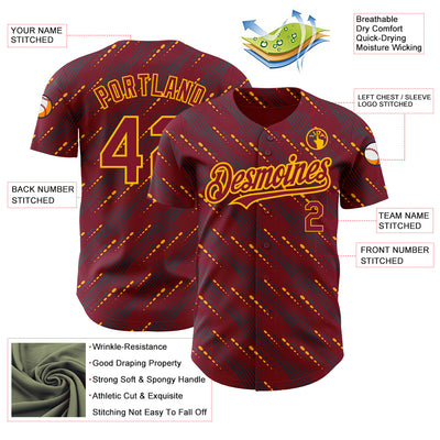 Custom Crimson Gold 3D Pattern Design Slant Lines Authentic Baseball Jersey