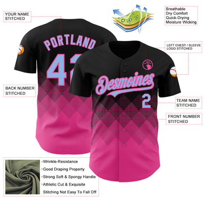 Custom Black Light Blue-Pink 3D Pattern Design Gradient Square Shapes Authentic Baseball Jersey