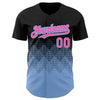 Custom Black Pink-Light Blue 3D Pattern Design Gradient Square Shapes Authentic Baseball Jersey