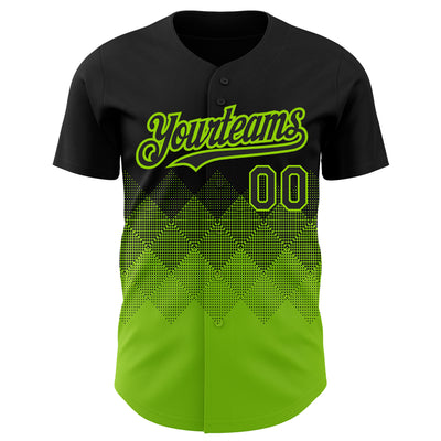 Custom Black Neon Green 3D Pattern Design Gradient Square Shapes Authentic Baseball Jersey