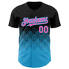 Custom Black Pink-Sky Blue 3D Pattern Design Gradient Square Shapes Authentic Baseball Jersey