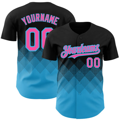 Custom Black Pink-Sky Blue 3D Pattern Design Gradient Square Shapes Authentic Baseball Jersey