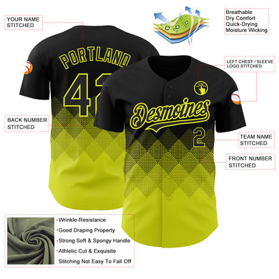 Custom Black Neon Yellow 3D Pattern Design Gradient Square Shapes Authentic Baseball Jersey