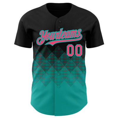 Custom Black Neon Pink-Aqua 3D Pattern Design Gradient Square Shapes Authentic Baseball Jersey