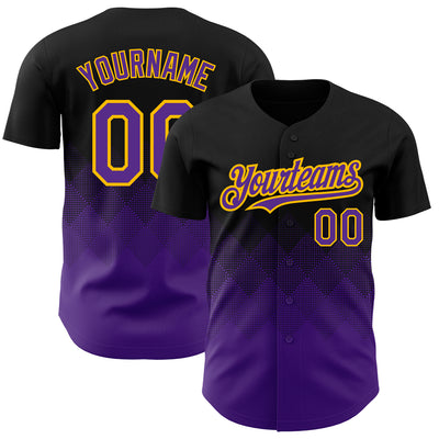 Custom Black Purple-Gold 3D Pattern Design Gradient Square Shapes Authentic Baseball Jersey