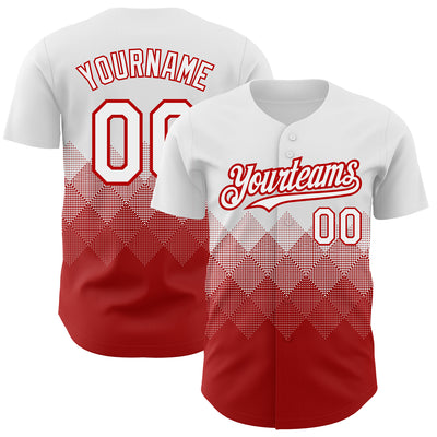 Custom White Red 3D Pattern Design Gradient Square Shapes Authentic Baseball Jersey