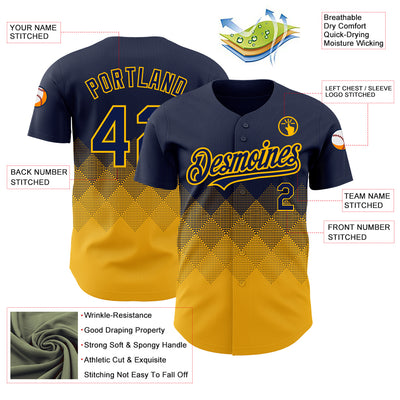 Custom Navy Gold 3D Pattern Design Gradient Square Shapes Authentic Baseball Jersey