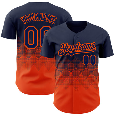 Custom Navy Orange 3D Pattern Design Gradient Square Shapes Authentic Baseball Jersey