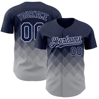 Custom Navy Gray 3D Pattern Design Gradient Square Shapes Authentic Baseball Jersey