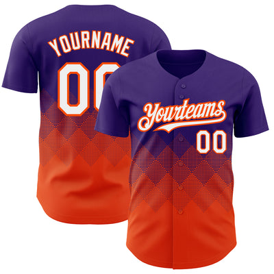 Custom Purple White-Orange 3D Pattern Design Gradient Square Shapes Authentic Baseball Jersey