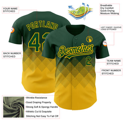 Custom Green Gold 3D Pattern Design Gradient Square Shapes Authentic Baseball Jersey