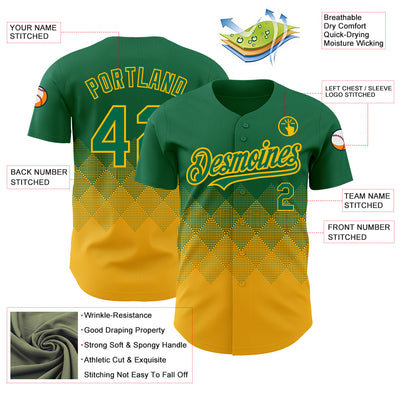 Custom Kelly Green Gold 3D Pattern Design Gradient Square Shapes Authentic Baseball Jersey