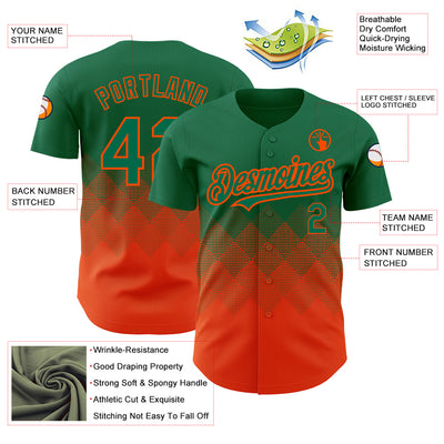 Custom Kelly Green Orange 3D Pattern Design Gradient Square Shapes Authentic Baseball Jersey