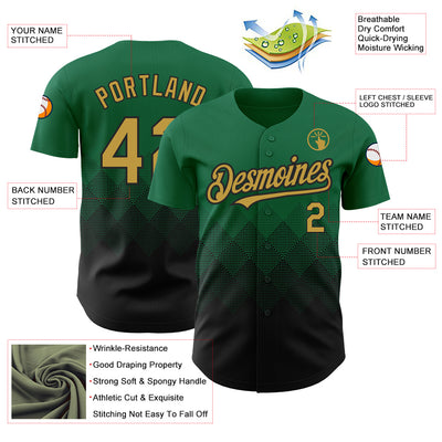 Custom Kelly Green Old Gold-Black 3D Pattern Design Gradient Square Shapes Authentic Baseball Jersey