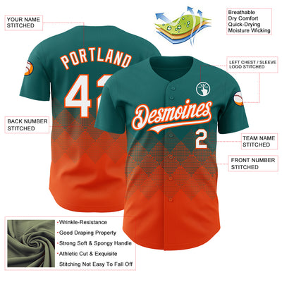 Custom Teal White-Orange 3D Pattern Design Gradient Square Shapes Authentic Baseball Jersey