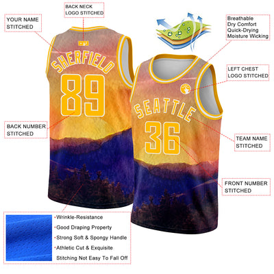 Custom Gold White 3D Pattern Design Landscape At Sunset Watercolor Style Authentic Basketball Jersey